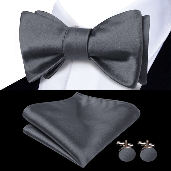 silk mens solid grey silver bow tie pocket square cufflinks set for suit