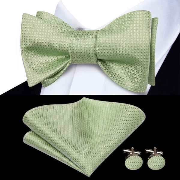 Sage Green Plaid mens silk self tie bow ties pocket square cufflinks set for black suit and white shirt