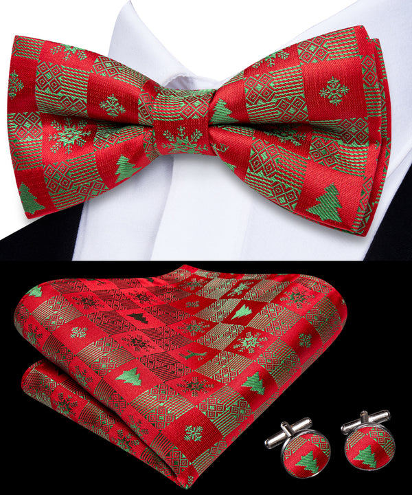 Christmas Red Green Tree Men Pre-tied Bowtie Pocket Square Cufflinks Set