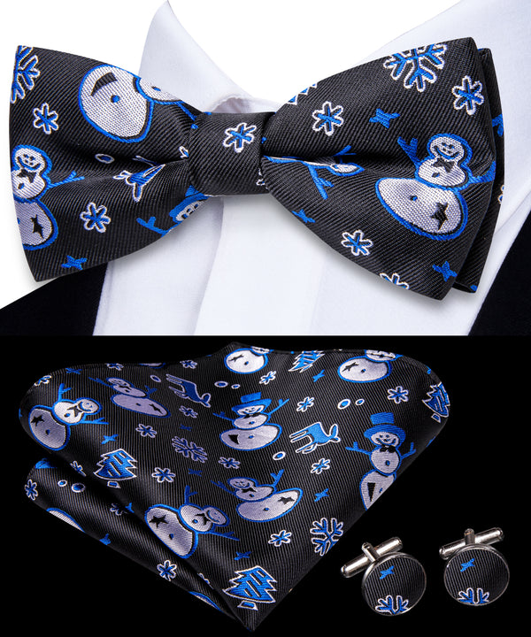 Christmas Black Blue White Snowman  Pre-tied Bowtie Pocket Square Cufflinks Set