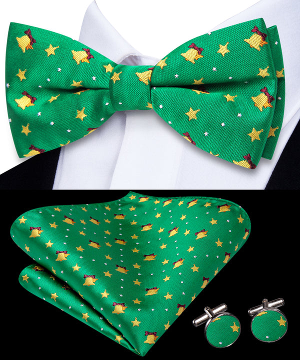 Ties2you Bow Tie For Men Green Golden Bell Pre-Tied Bowtie Pocket Square Cufflinks Set Casual Tie
