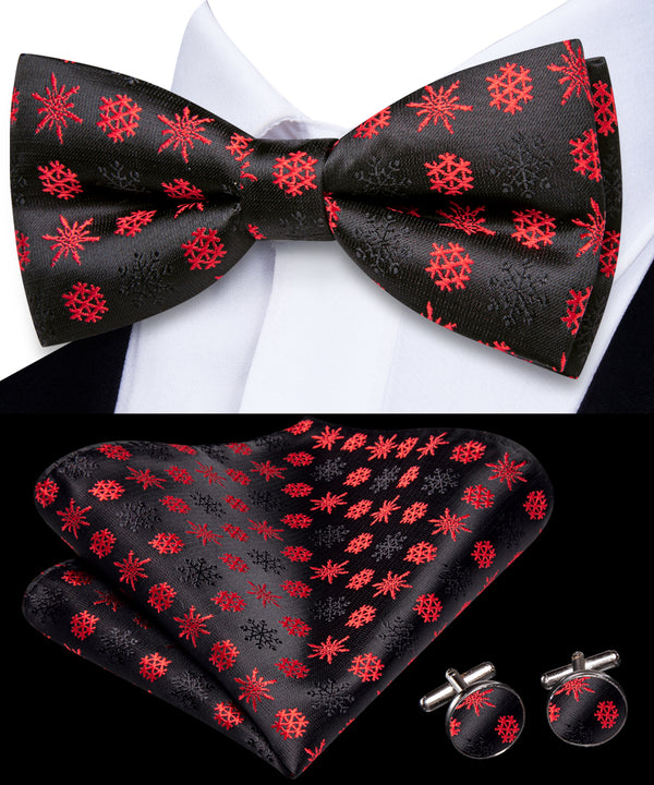 Christmas Black Red Snow Pre-tied Bowtie Pocket Square Cufflinks Set