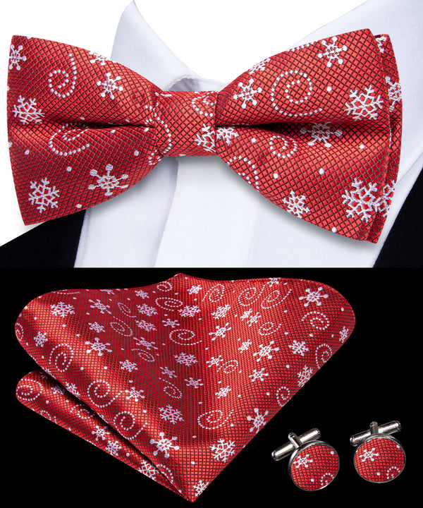 Christmas Red White Snow Pre-tied Bowtie Pocket Square Cufflinks Set