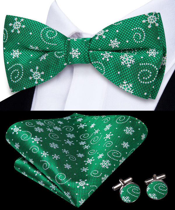 Christmas Green White Snow Pre-tied Bowtie Pocket Square Cufflinks Set