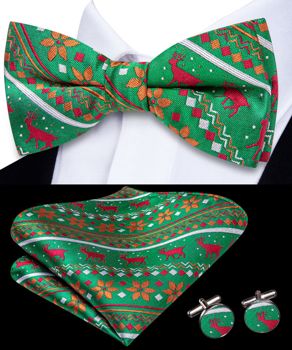 Christmas Green Red Deer Pre-tied Bowtie Pocket Square Cufflinks Set