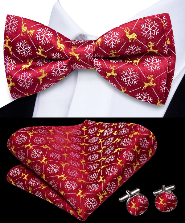 Red Christmas White Snow Gold Deer Pre-tied Bowtie Pocket Square Cufflinks Set