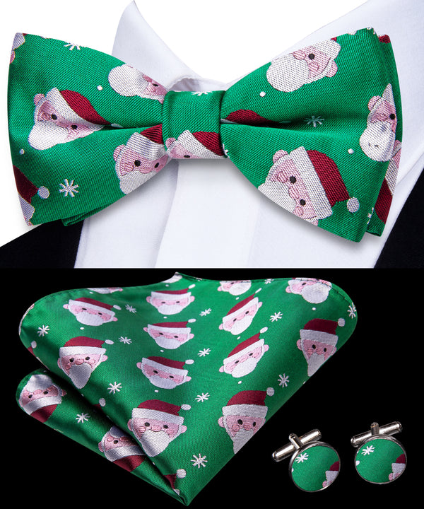 Green Santa Claus Christmas Novelty Pre-tied Bowtie Pocket Square Cufflinks Set