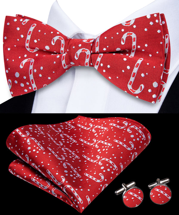 Red Christmas White Candy Cane Novelty Pre-tied Bowtie Pocket Square Cufflinks Set