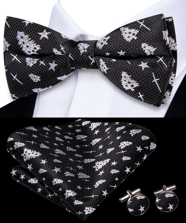 Ties2you Black Tie Christmas Silver Tree Novelty Pre-Tied Bow Tie Pocket Square Cufflinks Set