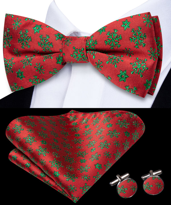 Red Christmas Green Snow Novelty Pre-tied Bowtie Pocket Square Cufflinks Set