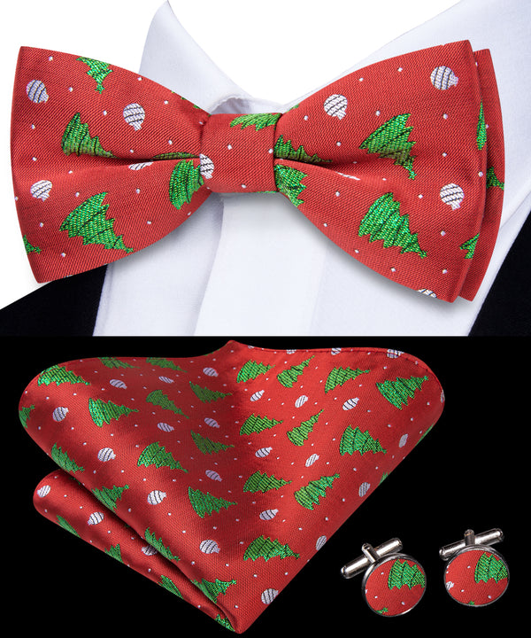 Red Christmas Green Tree Novelty Pre-tied Bowtie Pocket Square Cufflinks Set