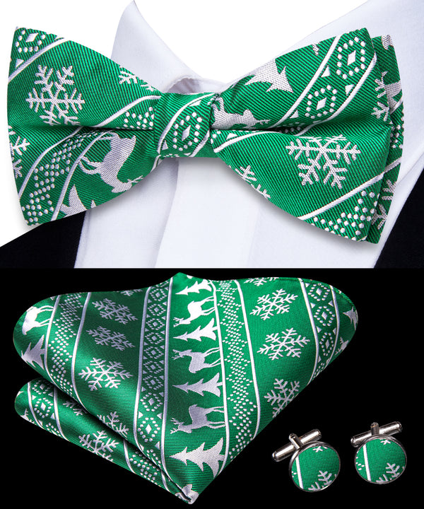 Green Christmas White Deer Novelty Pre-tied Bowtie Pocket Square Cufflinks Set