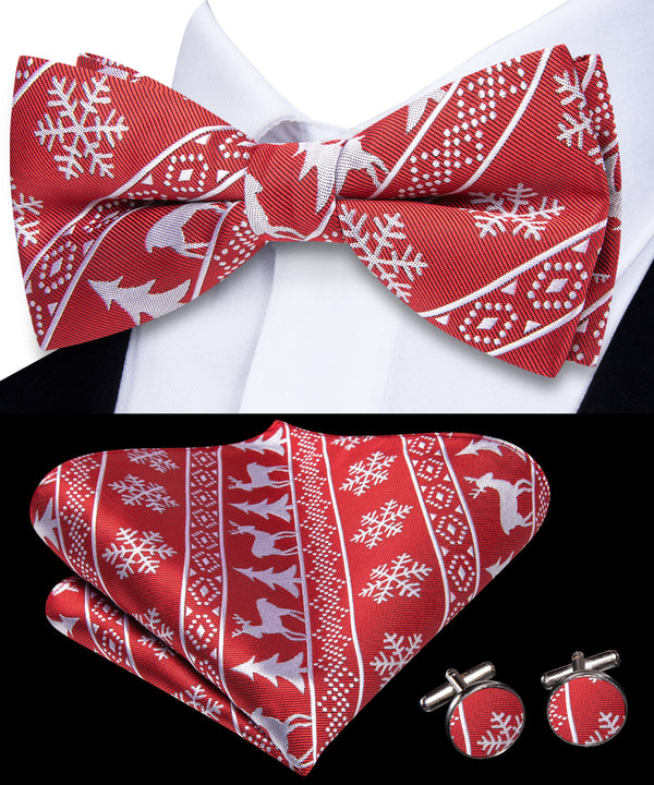 Red Christmas White Deer Novelty Pre-tied Bowtie Pocket Square Cufflinks Set