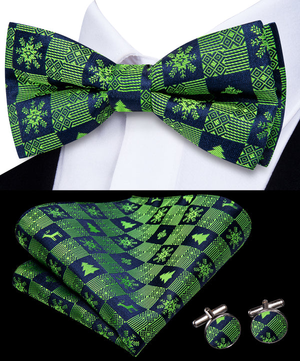Christmas Green Blue Novelty Pre-tied Bowtie Pocket Square Cufflinks Set