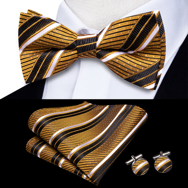 Golden Brown Striped Men's Pre-tied Bowtie Pocket Square Cufflinks Set