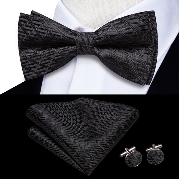 Black Plaid Men's Pre-tied Bowtie Pocket Square Cufflinks Set