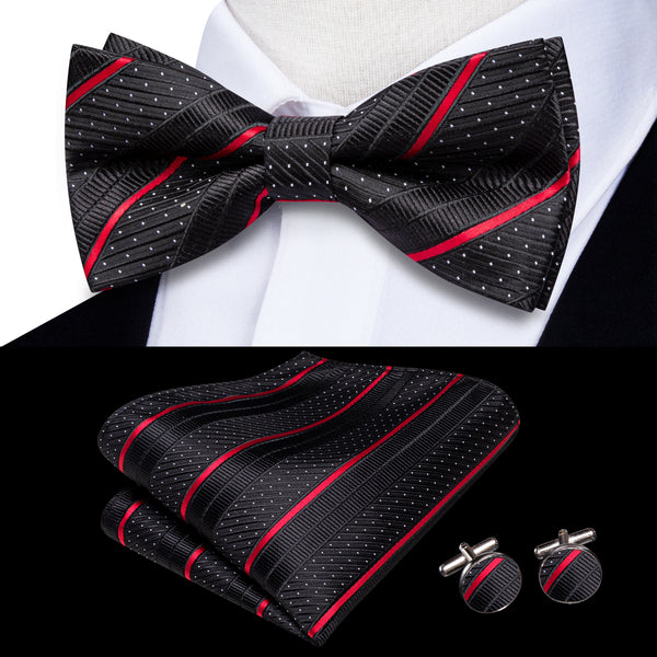 Black Red Striped Men's Pre-tied Bowtie Pocket Square Cufflinks Set