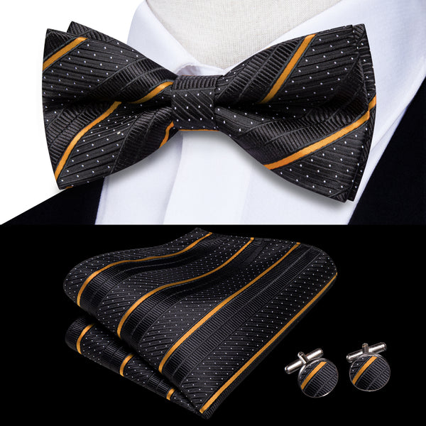 Ties2you Gold Striped Pre-tied Bowtie Black Formal Bow Tie Pocket Square Cufflinks Set