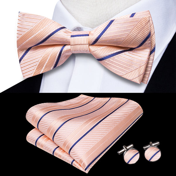 Pink Blue Striped Men's Pre-tied Bowtie Pocket Square Cufflinks Set