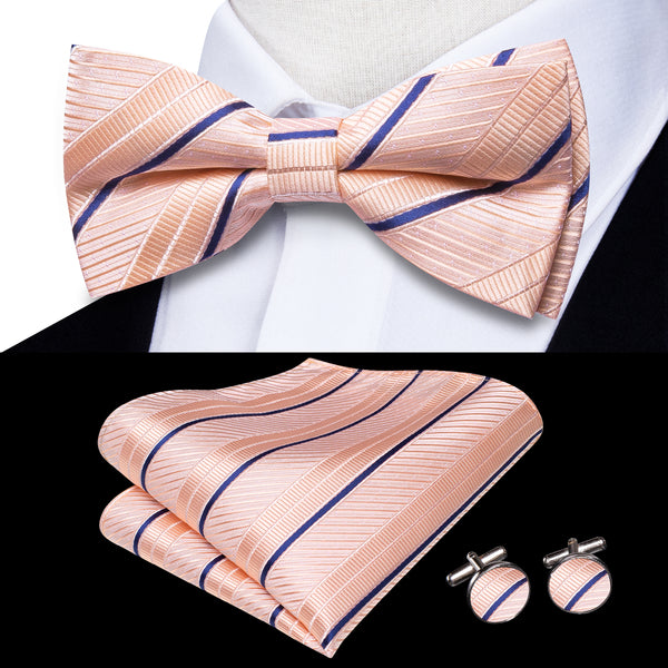 Ties2you Men's Striped Blush Bowtie Pre-tied Tuxedo Bow Tie Handkerchief Cufflinks Set