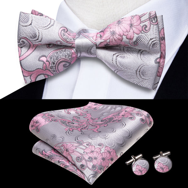 Pink Floral Men's Pre-tied Bowtie Pocket Square Cufflinks Set