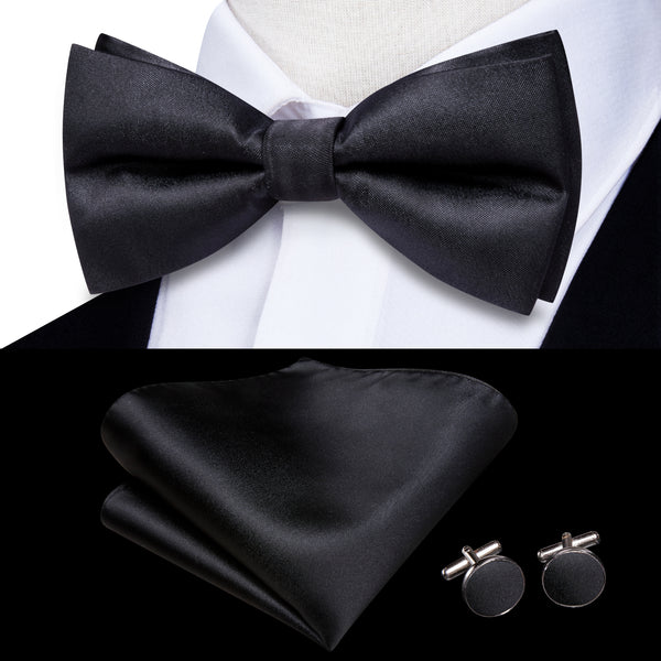Black Solid Men's Pre-tied Bowtie Pocket Square Cufflinks Set