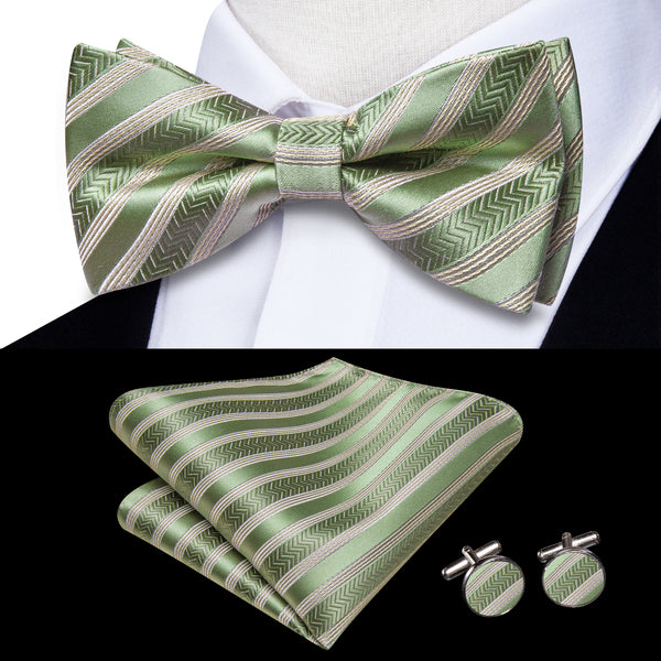 OliveDrab Striped Men's Pre-tied Bowtie Pocket Square Cufflinks Set
