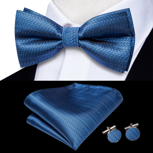 Ties2you Steel Blue Pre-tied Bowtie Business Geometric Bow Tie Handkerchief Cufflinks Set