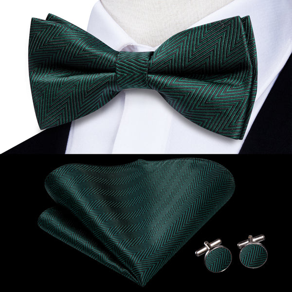 Green Geometric Men's Pre-tied Bowtie Pocket Square Cufflinks Set