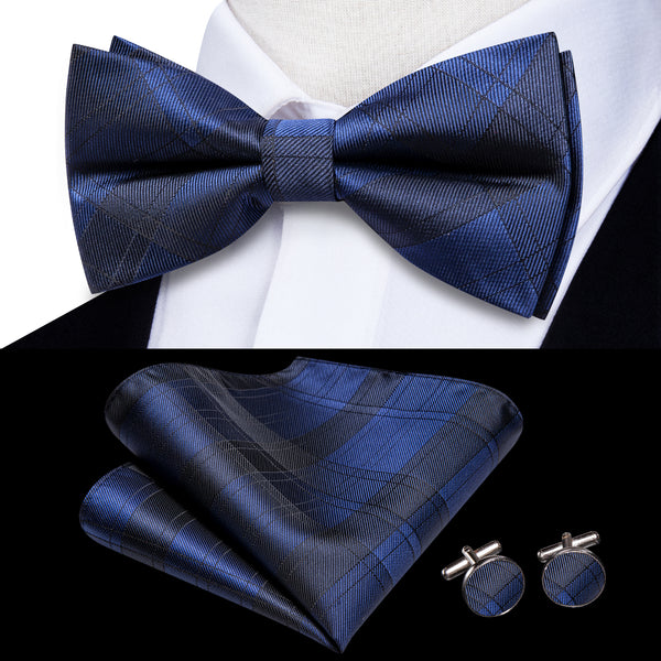 Black Blue Men's Pre-tied Bowtie Pocket Square Cufflinks Set