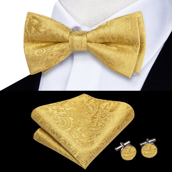 Children Gold Paisley Silk Pre-tied Bow Tie Pocket Square Cufflinks Set