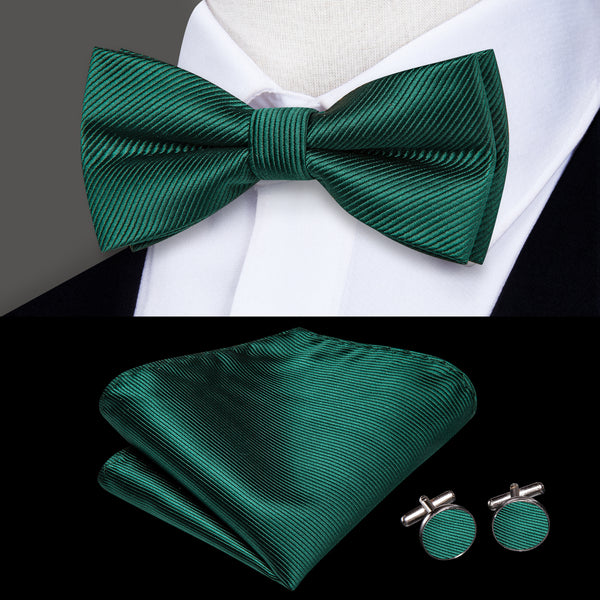 Children Dark Green Solid Silk Pre-tied Bow Tie Pocket Square Cufflinks Set