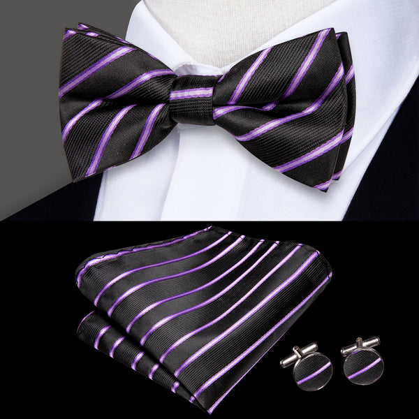 Children Purple Black Striped Silk Pre-tied Bow Tie Pocket Square Cufflinks Set