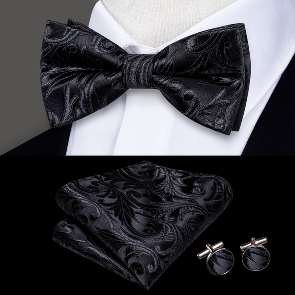 Children Black Floral Silk Pre-tied Bow Tie Pocket Square Cufflinks Set