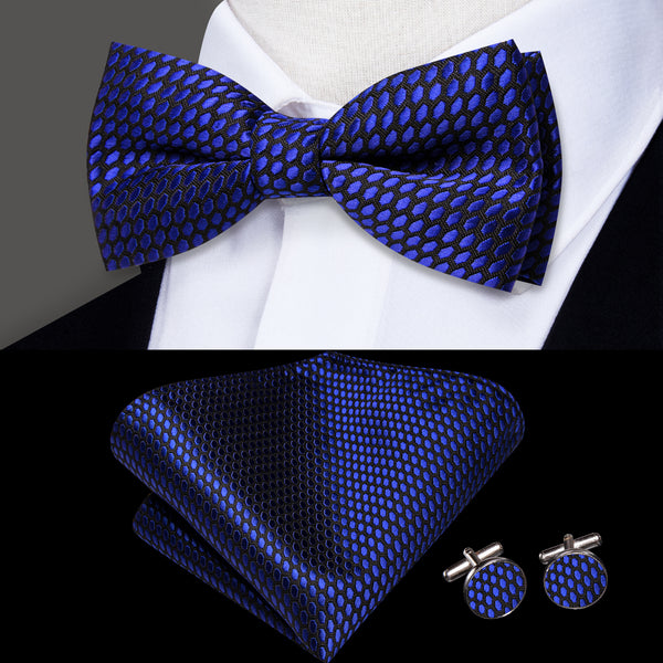 Navy Blue Geometric Children's Kids Bow Tie Pocket Square Cufflinks Set
