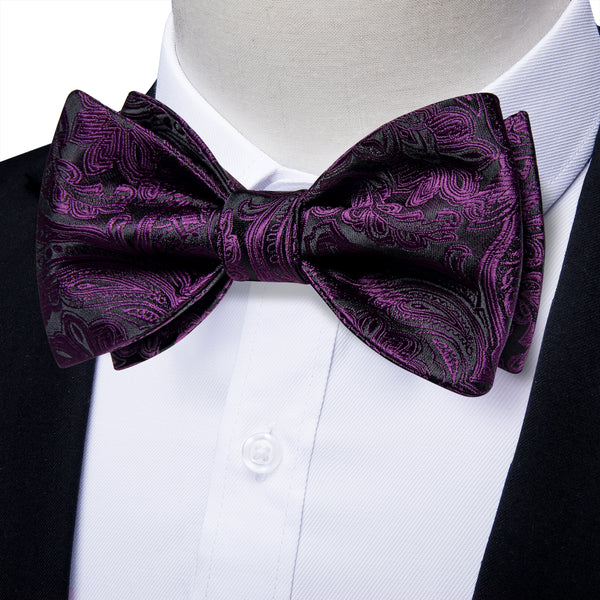 Black Purple Paisley Novelty Self-tied Bow Tie Pocket Square Cufflinks Set