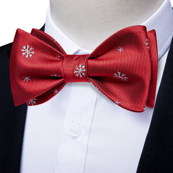 Chriatmas Red White Snow Self-tied Bow Tie Pocket Square Cufflinks Set