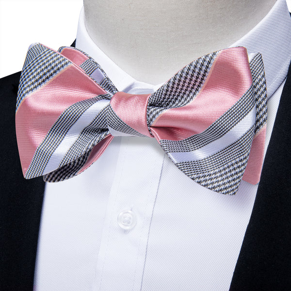 Grey Pink Striped Self-tied Bow Tie Pocket Square Cufflinks Set