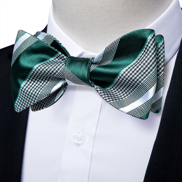 Green Grey Striped Self-tied Bow Tie Pocket Square Cufflinks Set