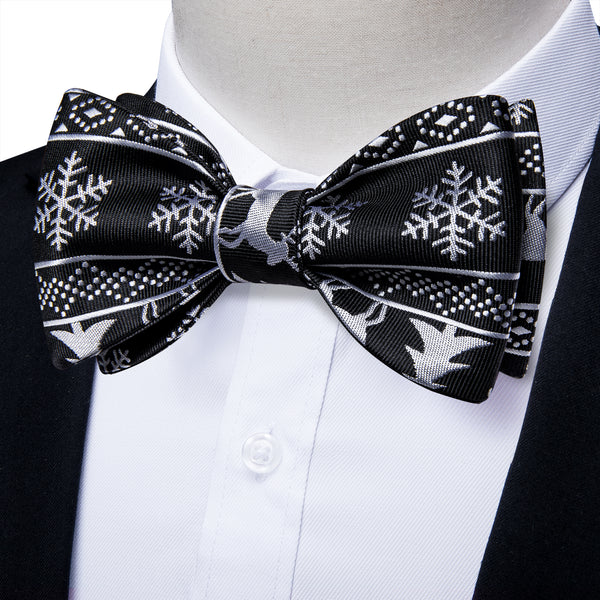 Christmas Black  White Snow Novelty Self-tied Bow Tie Pocket Square Cufflinks Set