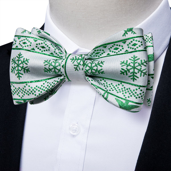Christmas White Green Snow Novelty Self-tied Bow Tie Pocket Square Cufflinks Set