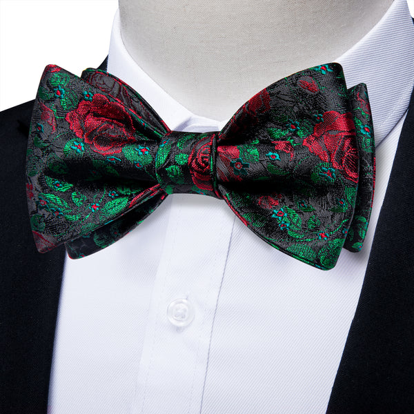 Black Green Red Rose Self-tied Bow Tie Pocket Square Cufflinks Set
