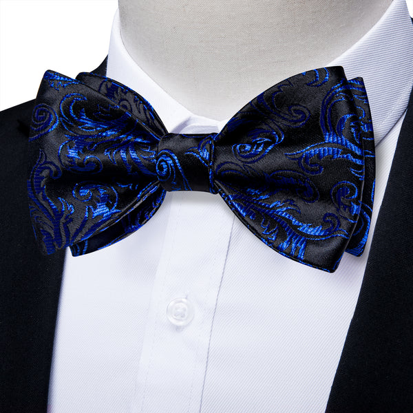 Black Blue Paisley Self-tied Bow Tie Pocket Square Cufflinks Set