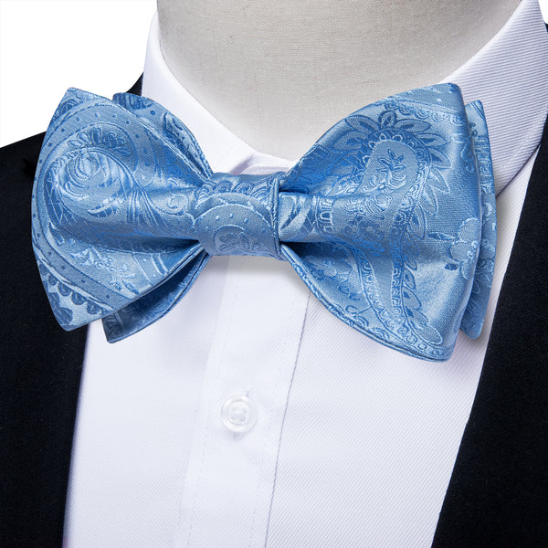 Ties2you Dusty Blue Paisley Bowtie Self-tie Formal Bow Tie Hanky Cufflinks Set for Men