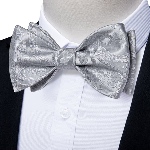 Sliver Grey Floral Self-tied Bow Tie Pocket Square Cufflinks Set