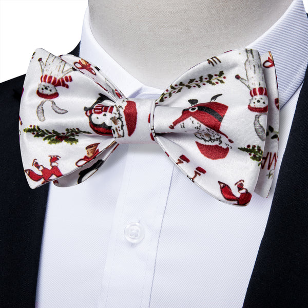 Christmas White Red Novelty Self-tied Bow Tie Pocket Square Cufflinks Set