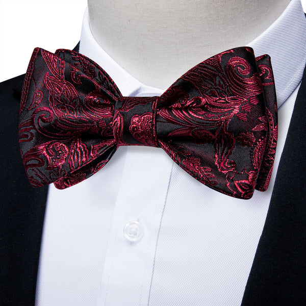 Black Burgundy Red Floral Self-tied Bow Tie Pocket Square Cufflinks Set