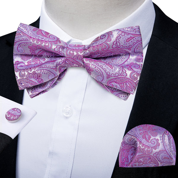 Purple Floral Self-tied Bow Tie Hanky Cufflinks Set