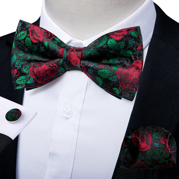 Green Red Rose Floral Pre-tied Bow Tie Hanky Cufflinks Set
