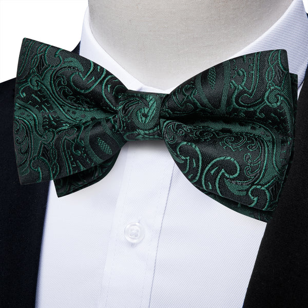 Black Sapphire Pine Green Bow Tie for Men Paisley Pre-tied Bow Tie Hanky Cufflinks Set